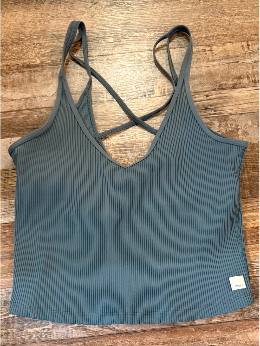 Vuori Rib Crop Tank Blue Gray Criss Cross Back